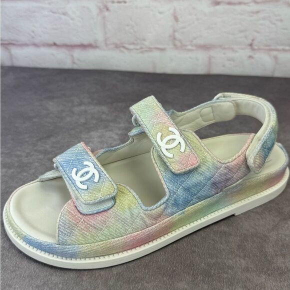 Chanel 22C Green Pink Blue White CC Logo Mule Slide Strap Flat Dad Sandal 40 - Picture 3 of 15